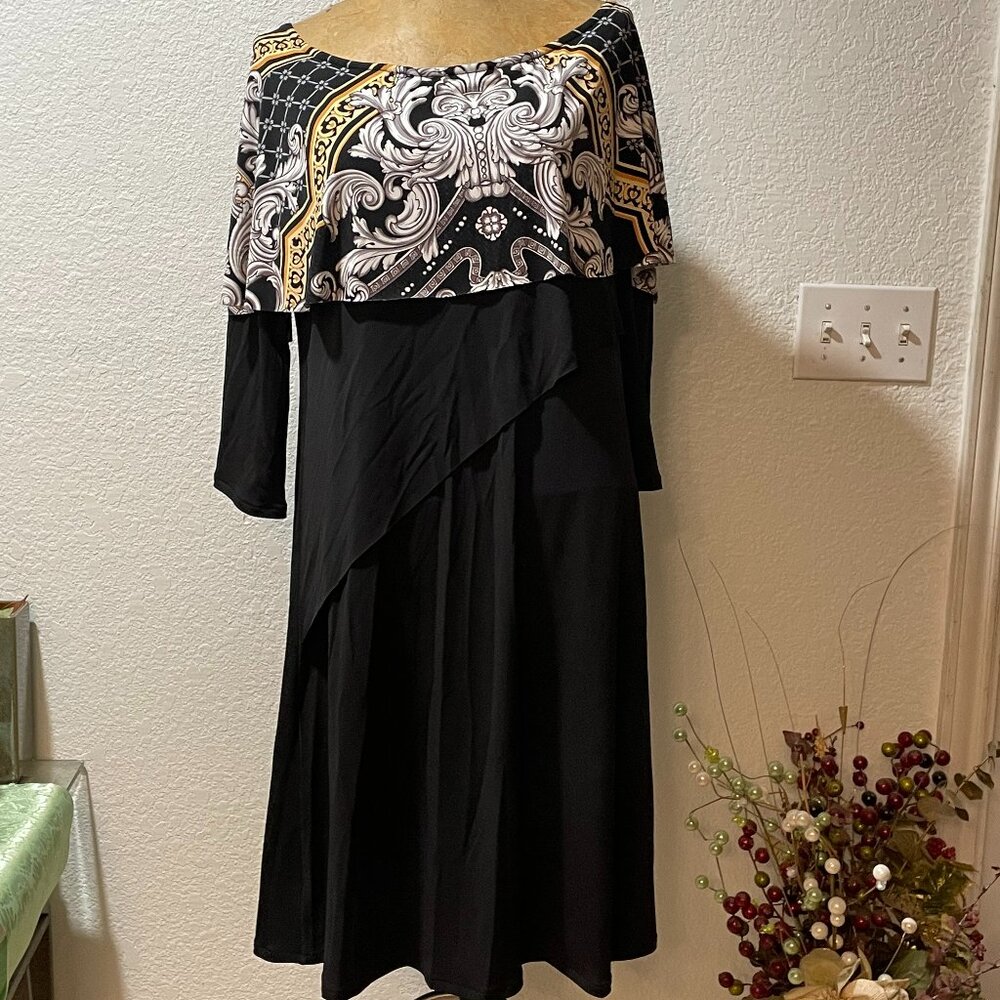 NWT $248 EVA VARRO Black Marley Print Bateau Dress L